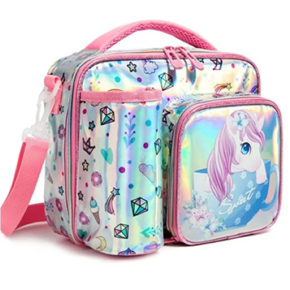 NEW! Insulated Unicorn Lunch Tote Adjustable Shoulder Strap Durable Handle Pink